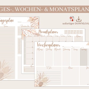 Könnte beinhalten: Ein druckbarer Satz von Tages-, Wochen- und Monatsplaner-Seiten mit einem neutralen beigefarbenen Hintergrund und braunen Blumenillustrationen. Der Text auf den Seiten ist in Deutsch: "Tagesplan", "Wochenplaner" und "Monatsplaner".