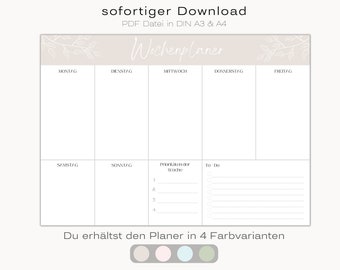 Wochenplaner DIN A3 und A4 | Home Office | To-Do Liste | digitaler DOWNLOAD | Schreibtischunterlage | sanftes beige rosa blau grün | Lineart