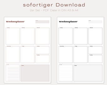 May include: Two printable weekly planner templates in A3 and A4 sizes. Each template features a grid with seven columns for each day of the week and a notes section at the bottom.