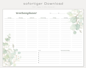 Weekly planner DIN A3 and A4 | To-do list for family in German 2023 | digital DOWNLOAD PDF | soft silver-green eucalyptus | minimal