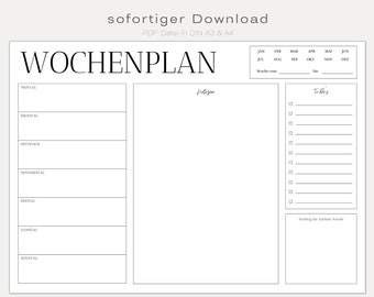 Wochenplaner DIN A3 und A4 | Home Office | To-Do Liste | digitaler DOWNLOAD | druckbare Vorlage | minimalistisch und schlicht | deutsch