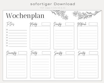 May include: A black and white printable weekly planner with a simple floral design at the top. The planner is divided into seven sections for each day of the week, with a section for "To Do's" on the left side.