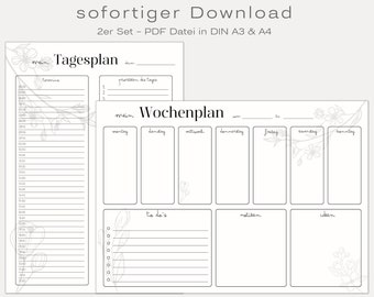 May include: A printable daily and weekly planner with floral illustrations. The daily planner has space for appointments and to-do lists. The weekly planner has sections for each day of the week, to-do lists, notes, and ideas.
