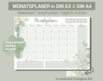 Monthly planner DIN A3 and A4 | To-Do list priorities | digital DOWNLOAD | Monthly plan Weekly plan Monthly calendar | silver-green eucalyptus