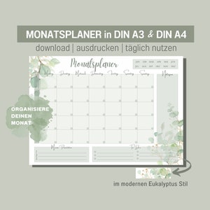 Monatsplaner DIN A3 und A4 To-Do Liste Prioritäten digitaler DOWNLOAD Monatsplan Wochenplan Monatskalender silbergrün Eukalyptus Bild 1