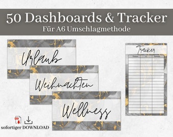 May include: Three printable A6 sized dashboards with marble and gold accents. The dashboards are labeled "Urlaub", "Weihnachten", and "Wellness". A separate printable tracker sheet is also included.