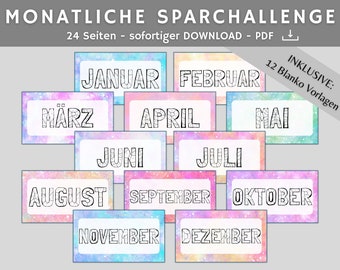 Monatliche Sparchallenge 2023 Budgetbuch | digitaler DOWNLOAD | Sparbinder A6 Zipper im Set als Spiel für Kinder bunt | deutsch Kleingeld