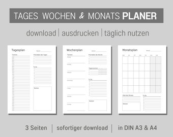 Tagesplaner Wochenplaner Monatsplaner DIN A3 und A4 | Home Office | To-Do Liste | digitaler DOWNLOAD | druckbares Set | minimalistisch