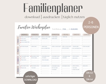 Familienplaner | Wochenplaner DIN A3 und A4 | To-Do Liste | digitaler DOWNLOAD | Kalender Vorlage in beige | Wandplaner 2022 2023