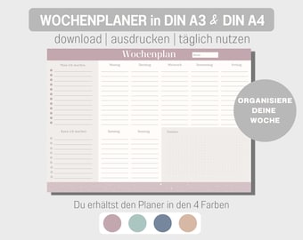 Könnte beinhalten: Ein druckbarer Wochenplaner in den Formaten DIN A3 und DIN A4. Der Planer hat Bereiche für "Muss ich machen", "Kann ich machen", "Montag", "Dienstag", "Mittwoch", "Donnerstag", "Freitag", "Samstag", "Sonntag" und "Notizen". Der Planer ist in vier Farben erhältlich: rosa, grün, blau und beige.