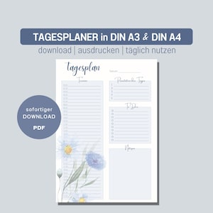 Tagesplaner DIN A3 und A4 | Home Office | To-Do Liste | digitaler DOWNLOAD | Schreibtischunterlage | sanftes aquarell Wildblume | deutsch