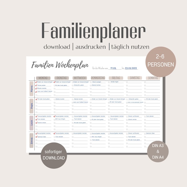 Familieplanner | Weekplanner DIN A3 en A4 | Takenlijst | digitaal DOWNLOADEN | Kalendersjabloon in beige | Wandplanner 2022 2023