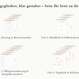 May include: A product image featuring four stacks of beige and white journal pages. Each stack is labeled with a title in German, such as "Einstieg & Bewusstwerden" and "Tagebuch & Reflexion". The text "Sanft gegliedert, klar gestaltet - Seite f&uuml;r Seite zu dir selbst" is at the top.