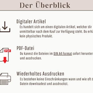 Puede incluir: Un gr&aacute;fico con la palabra alemana "Der &Uuml;berblick" en la parte superior. El gr&aacute;fico explica que el art&iacute;culo es una descarga digital, un archivo PDF en formato DIN A4, y que se puede descargar e imprimir tantas veces como sea necesario.