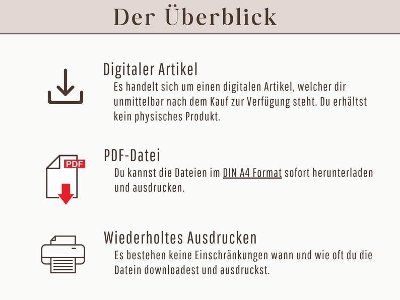 Puede incluir: Un gr&aacute;fico con la palabra alemana "Der &Uuml;berblick" en la parte superior. El gr&aacute;fico explica que el art&iacute;culo es una descarga digital, un archivo PDF en formato DIN A4, y que se puede descargar e imprimir tantas veces como sea necesario.