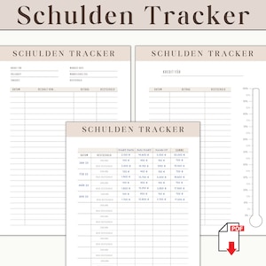 Könnte beinhalten: Ein druckbarer Schulden-Tracker mit drei Seiten. Die erste Seite dient zur Verfolgung allgemeiner Schulden, die zweite Seite zur Verfolgung von Kreditkartenschulden und die dritte Seite zur Verfolgung mehrerer Schulden mit einem Schuldenthermometer. Die Seiten sind mit "Schulden Tracker" beschriftet, was auf Deutsch "Schulden-Tracker" bedeutet.
