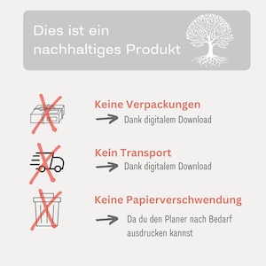 May include: Illustration of a tree with roots, representing a sustainable product. The illustration shows three red X marks over icons representing packaging, transportation, and paper waste. Text reads: "Dies ist ein nachhaltiges Produkt" (This is a sustainable product).  Text below each X mark explains how the product is sustainable: "Keine Verpackungen" (No packaging), "Kein Transport" (No transport), and "Keine Papierverschwendung" (No paper waste).