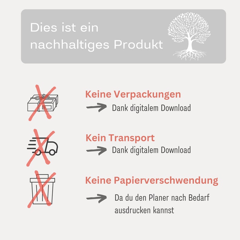 May include: Illustration of a tree with roots, representing a sustainable product. The illustration shows three red X marks over icons representing packaging, transportation, and paper waste. Text reads: "Dies ist ein nachhaltiges Produkt" (This is a sustainable product).  Text below each X mark explains how the product is sustainable: "Keine Verpackungen" (No packaging), "Kein Transport" (No transport), and "Keine Papierverschwendung" (No paper waste).
