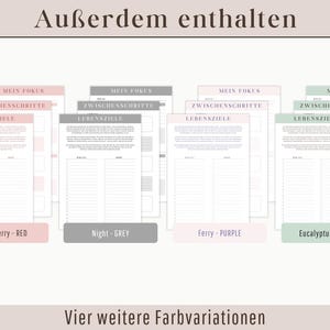 May include: Four printable planner pages with the text "Mein Fokus" (German for "My Focus") at the top. The pages are in different colors: strawberry red, night grey, ferry purple, and eucalyptus green. The text "Vier weitere Farbvariationen" (German for "Four more color variations") is at the bottom.
