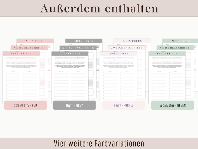 May include: Four printable planner pages with the text "Mein Fokus" (German for "My Focus") at the top. The pages are in different colors: strawberry red, night grey, ferry purple, and eucalyptus green. The text "Vier weitere Farbvariationen" (German for "Four more color variations") is at the bottom.