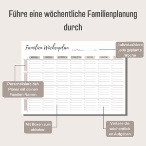 May include: A printable weekly family planner with a beige background and black text. The planner includes sections for each day of the week, from Monday to Sunday, with space for writing tasks or appointments. The text "F&uuml;hre eine w&ouml;chentliche Familienplanung durch" is at the top of the page.