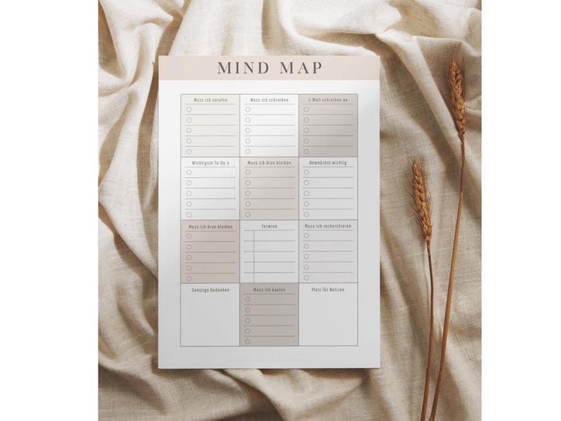 Peut inclure: Un bloc-notes blanc avec les mots "MIND MAP" en haut. Le bloc-notes a une mise en page en grille avec des cases &agrave; cocher et des sections pour les notes. Le fond est un tissu beige avec des &eacute;pis de bl&eacute;.