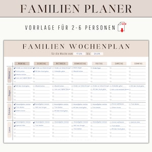 Puede incluir: Una plantilla de planificador semanal familiar imprimible en un esquema de colores marrón claro y azul. La plantilla está diseñada para 2-6 personas e incluye una sección para cada miembro de la familia para enumerar sus actividades diarias. El texto en la plantilla dice "Familien Planer" y "Familien Wochenplan".