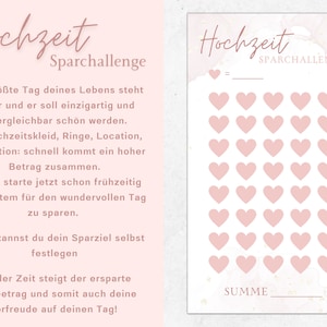 Könnte beinhalten: Ein rosa-weißes, druckbares Hochzeitsspar-Challenge-Diagramm mit dem Text "Hochzeit Sparchallenge" und einem Raster aus 35 rosa Herzen. Das Diagramm enthält eine Zeile für den Gesamtbetrag, der gespart wurde.