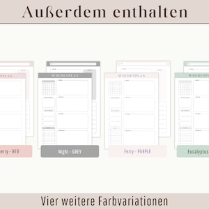 Op de afbeelding: Vier printbare weekplanner sjablonen in verschillende kleuren: aardbeienrood, nachtgrijs, ferry paars en eucalyptus groen. De tekst "WOCHENPLAN" is zichtbaar op elke sjabloon.