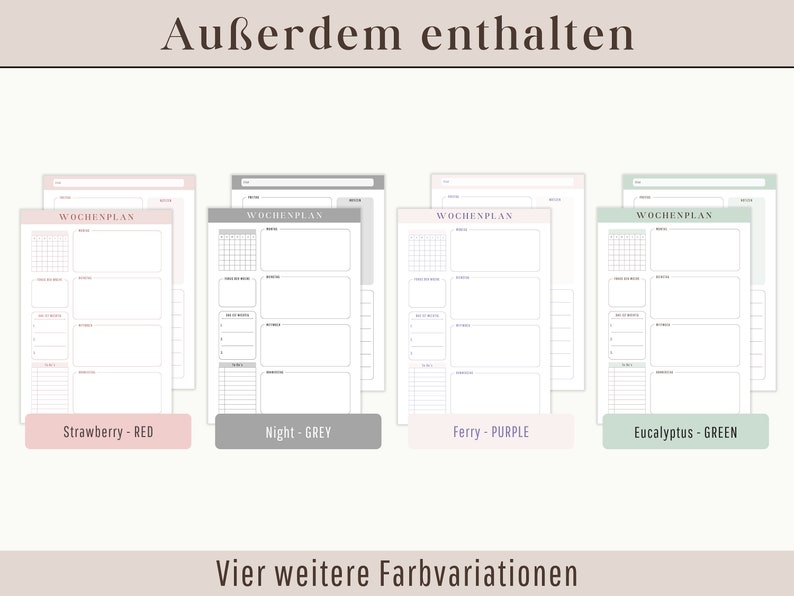 Op de afbeelding: Vier printbare weekplanner sjablonen in verschillende kleuren: aardbeienrood, nachtgrijs, ferry paars en eucalyptus groen. De tekst "WOCHENPLAN" is zichtbaar op elke sjabloon.