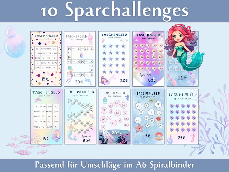 May include: Ten colorful printable charts with a mermaid theme for a savings challenge. Each chart has a different goal amount from 10 to 50 Euros. The charts feature a mermaid, seashells, and stars.