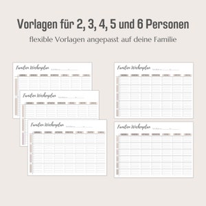 May include: Four printable weekly planner templates for families. Each template is labeled "Familien Wochenplan" and has columns for each day of the week, Monday through Sunday. The templates are designed for 2, 3, 4, 5, and 6 people.