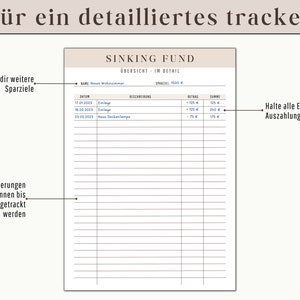 Puede incluir: Una hoja de seguimiento de presupuesto imprimible en blanco y negro con el t&iacute;tulo "Sinking Fund" y el texto "&Uuml;bersicht im Detail" en alem&aacute;n. La hoja incluye columnas para la fecha, la descripci&oacute;n, el importe y la suma. La hoja tambi&eacute;n incluye el texto "Sparziel 1500 &euro;" en alem&aacute;n, que significa "Objetivo de ahorro 1500 &euro;".