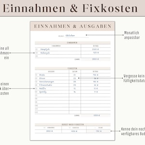 May include: A financial planning document titled "Income & Fixed Costs" in German. The document is a table with sections for income and expenses, including rent, utilities, and subscriptions. The text includes the month of October and budget totals.