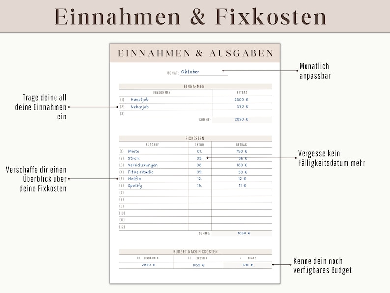 May include: A financial planning document titled "Income & Fixed Costs" in German. The document is a table with sections for income and expenses, including rent, utilities, and subscriptions. The text includes the month of October and budget totals.