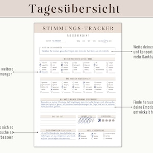 May include: A printable daily mood tracker with a blue and white color scheme. The tracker includes sections for gratitude, how you felt, what you did, what contributed to your mood, energy levels, stress levels, and what you can improve. The text in the image reads "Tages&uuml;bersicht" and "Stimmungs-Tracker".