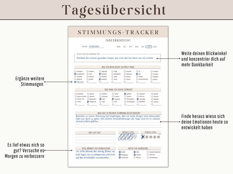 May include: A printable daily mood tracker with a blue and white color scheme. The tracker includes sections for gratitude, how you felt, what you did, what contributed to your mood, energy levels, stress levels, and what you can improve. The text in the image reads "Tages&uuml;bersicht" and "Stimmungs-Tracker".