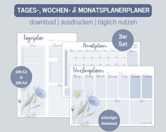 Monatsplaner | Wochenplaner | Tagesplaner | DIN A3 und A4 | Home Office | To-Do Liste | digitaler DOWNLOAD | blaue Wildblume | deutsch