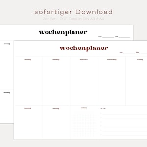 Op de afbeelding: Twee printbare weekplanner sjablonen in A3 en A4 formaat. De sjablonen hebben een eenvoudig ontwerp met een raster voor to-do lijsten en een sectie voor elke dag van de week.