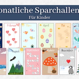 Könnte beinhalten: Eine bunte Tabelle mit den 12 Monaten des Jahres, jeder mit einem anderen Thema und Bild. Die Tabelle soll Kindern helfen, das Sparen zu lernen. Die Monate sind: Januar, Februar, März, April, Mai, Juni, Juli, August, September, Oktober, November und Dezember.