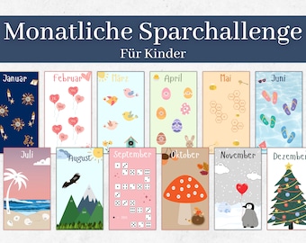 Monthly savings challenge A6 for children as a digital DOWNLOAD budget book set | Envelope Method Sparbinder Cash Stuffing | German small change
