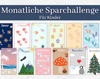 Monatliche Sparchallenge A6 für Kinder als digitaler DOWNLOAD Budgetbuch Set | Umschlagmethode Sparbinder Cash Stuffing | deutsch Kleingeld