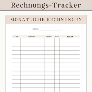 Pode incluir: Um rastreador de contas mensal imprimível em preto e branco com o título "Rechnungs-Tracker" e "MONATLICHE RECHNUNGEN". O rastreador tem colunas para data, conta, valor, pago e notas.