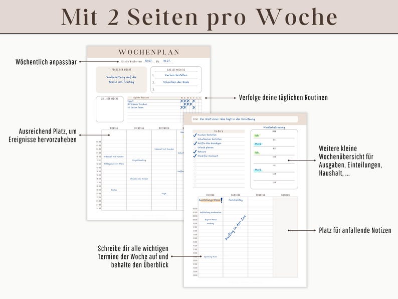 Plan semanal PDF para imprimir | Resumen semanal sin fecha como planificador para carpetas de anillas | Semana en 2 páginas como DESCARGA digital imagen 5