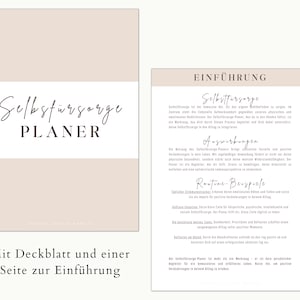 May include: A beige planner with the words "Selbstf&uuml;rsorge PLANER" in elegant script. The planner includes an introduction page with German text. The overall design is minimalist and clean, suitable for self-care.