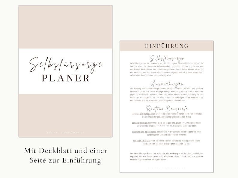 May include: A beige planner with the words "Selbstf&uuml;rsorge PLANER" in elegant script. The planner includes an introduction page with German text. The overall design is minimalist and clean, suitable for self-care.