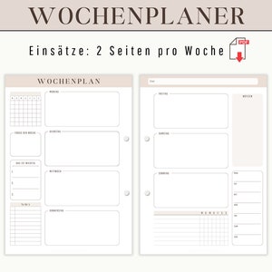 Könnte beinhalten: Ein druckbarer Wochenplaner mit zwei Seiten pro Woche. Die linke Seite hat ein Kalenderrgitter, eine To-Do-Liste und Platz für tägliche Notizen. Die rechte Seite hat Platz für Notizen und einen Bereich für Erinnerungen.