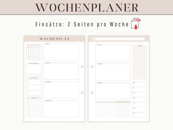 Undatierter Wochenplaner | Wöchentliche Übersicht zum Ausdrucken als Planer Einlage für Kalender | Wochenplan Vorlage | Digital Download PDF