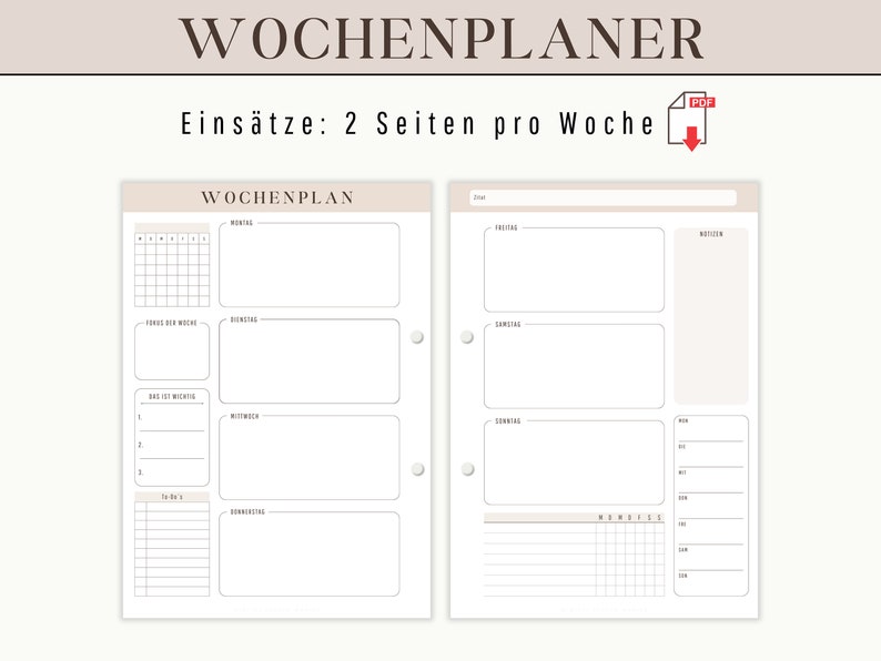 Op de afbeelding: Een printbare weekplanner met twee pagina's per week. De linkerpagina heeft een kalenderrooster, een to-dolijst en ruimte voor dagelijkse notities. De rechterpagina heeft ruimte voor notities en een sectie voor herinneringen.