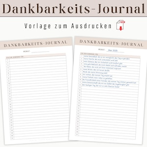 Peut inclure: Un journal de gratitude imprimable avec un fond brun clair et du texte bleu. Le journal est divisé en deux sections, l'une avec une page vierge pour lister les choses pour lesquelles vous êtes reconnaissant et l'autre avec une liste d'invites pour le mois de mai 2025.